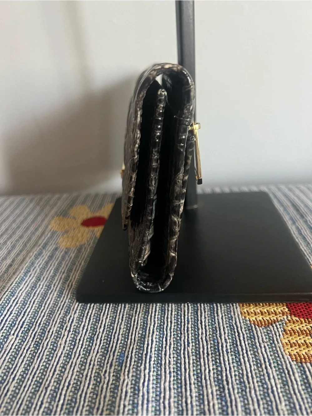 Brahmin Teal and Black Croc-Embossed Fold-Over Clutch